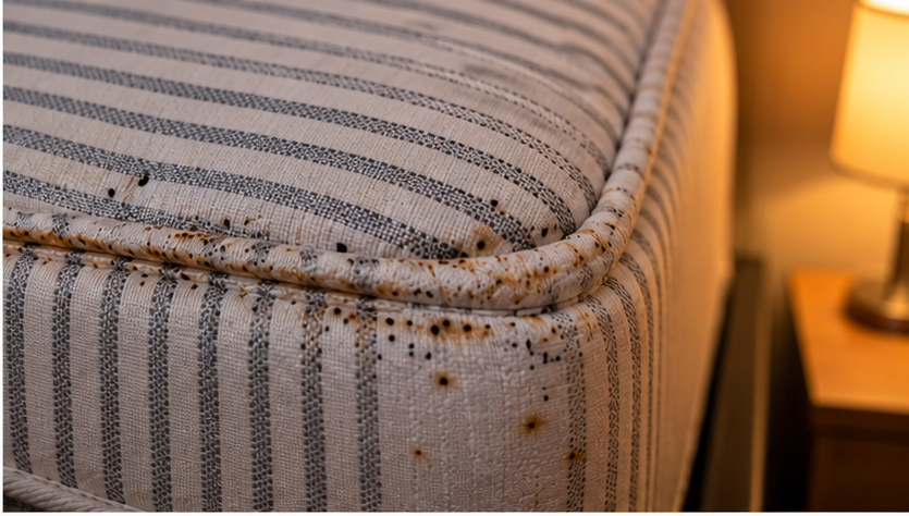 Taches noires de punaises de lit sur la couture d'un matelas