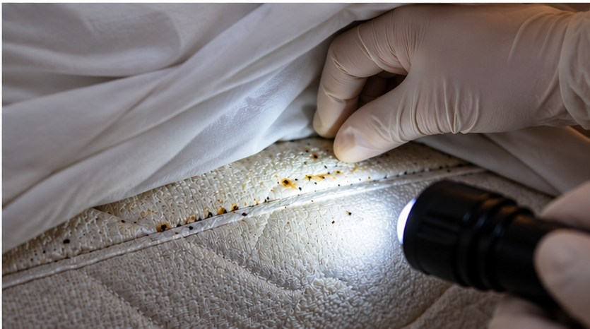 Taches noires de déjections de punaises de lit sur un matelas